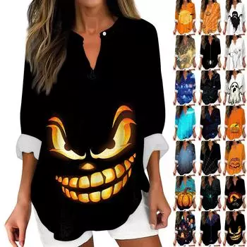 Женские модные повседневные женские топы с v-образным вырезом и длинным рукавом с принтом на Хэллоуин M синий