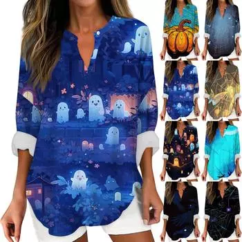 Женские модные повседневные женские топы с v-образным вырезом и длинным рукавом с принтом на Хэллоуин S