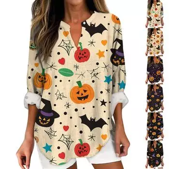 Женские модные повседневные женские топы с v-образным вырезом и заниженными плечами и принтом на Хэллоуин XXL