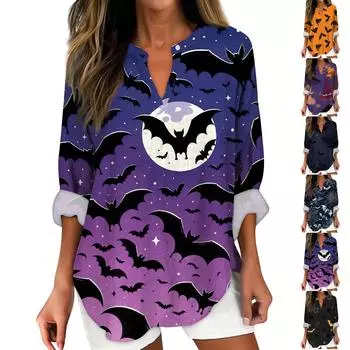 Женские модные повседневные женские топы с v-образным вырезом и заниженными плечами и принтом на Хэллоуин XXL фиолетовый