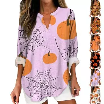 Женские модные повседневные женские топы с v-образным вырезом и заниженными плечами и принтом на Хэллоуин XXL чёрный