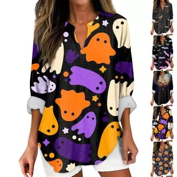 Женские модные повседневные женские топы с v-образным вырезом и длинным рукавом с принтом на Хэллоуин L оранжевый