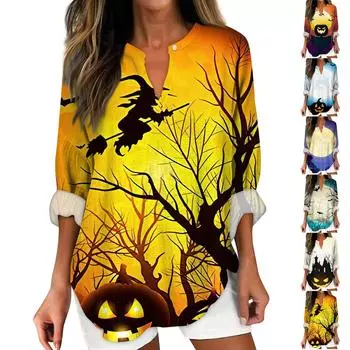 Женские модные повседневные женские топы с v-образным вырезом и заниженными плечами и принтом на Хэллоуин M