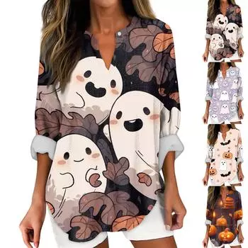 Женские модные повседневные женские топы с v-образным вырезом и длинным рукавом с принтом на Хэллоуин XXL хаки