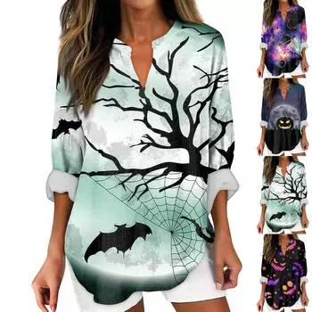 Женские модные повседневные женские топы с v-образным вырезом и длинным рукавом с принтом на Хэллоуин XXXL чёрный