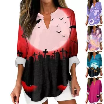 Женские модные повседневные женские топы с v-образным вырезом и длинным рукавом с принтом на Хэллоуин L циан