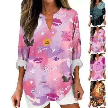 Женские модные повседневные женские топы с v-образным вырезом и длинным рукавом с принтом на Хэллоуин S розовый