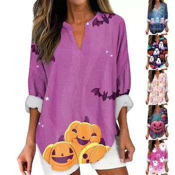 Женские модные повседневные женские топы с v-образным вырезом и длинным рукавом с принтом на Хэллоуин L циан