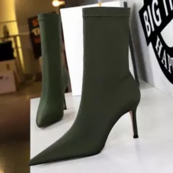 Женские модные простые сапоги на тонком каблуке в европейском и американском стиле, эластичные короткие сапоги с острым носком на высоком каблуке 43 чёрный
