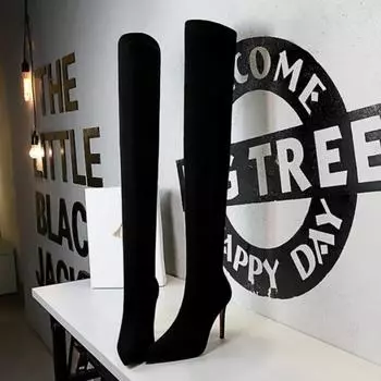 Женские модные простые зимние замшевые сапоги до колена на высоком каблуке в европейском и американском стиле 43 теплый черный