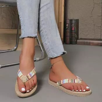 Женские модные противоскользящие износостойкие этнические ветровки льняные травяные шлепанцы на плоской подошве 36