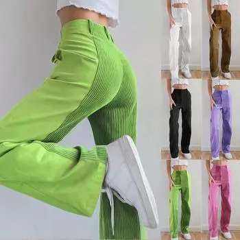 Женские модные прямые брюки, свободные повседневные брюки с цветными блоками, однотонные вельветовые брюки L чёрный