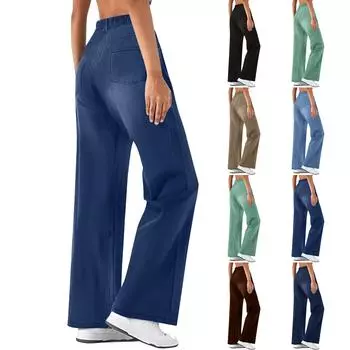 Женские модные прямые повседневные винтажные драпированные эластичные джинсовые спортивные брюки L чёрный