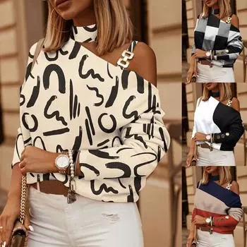 Женские модные пуловеры с открытыми плечами и цепочкой на бретельках, повседневная офисная женская свободная одежда с длинными рукавами и геометрическим принтом S чёрный