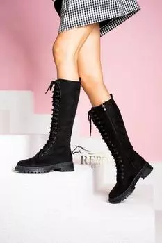 Женские модные яркие сапоги черные замшевые