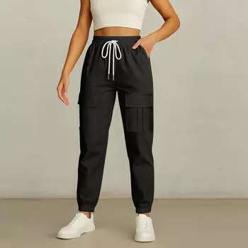 Женские модные рабочие брюки однотонные на кулиске с множеством карманов эластичная талия повседневные брюки S чёрный