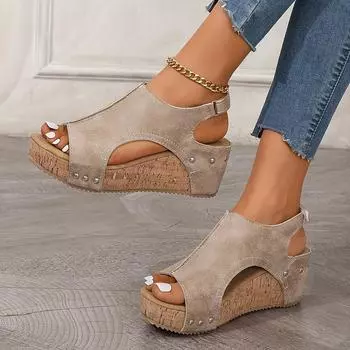 Женские модные ретро-сандалии на толстой подошве - водонепроницаемые, с открытым носком и застежкой-липучкой, из искусственной кожи 36 хаки