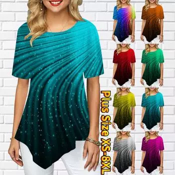 Женские модные роскошные заостренные юбки с круглым вырезом и 3D звездным небом, блестящие контрастные полосы, женские юбки с короткими рукавами, S-8XL 7XL