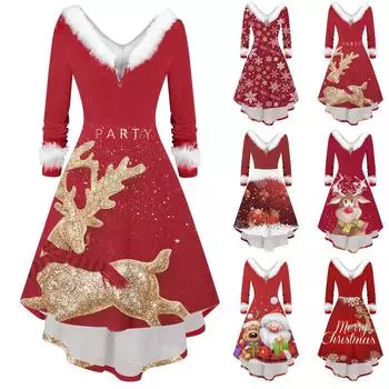 Женские модные рождественские плюшевые платья с v-образным вырезом и длинными рукавами нестандартной формы L