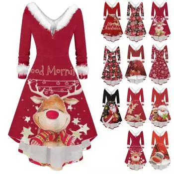 Женские модные рождественские плюшевые платья с v-образным вырезом и длинными рукавами нестандартной формы L чёрный