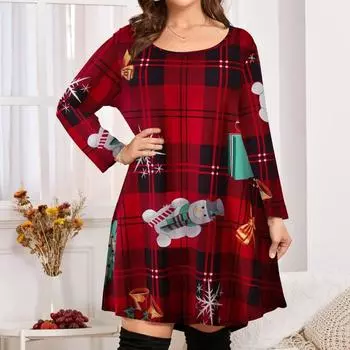 Женские модные рождественские принты с рукавами миди и большими размерами XL чёрный