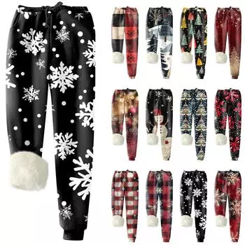 Женские модные рождественские спортивные свободные утолщенные теплые флисовые брюки с принтом XXL чёрный