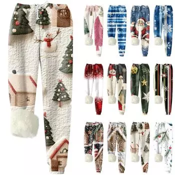 Женские модные рождественские спортивные свободные утолщенные теплые флисовые брюки с принтом XL