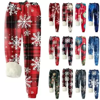 Женские модные рождественские спортивные свободные утолщенные теплые флисовые брюки с принтом L