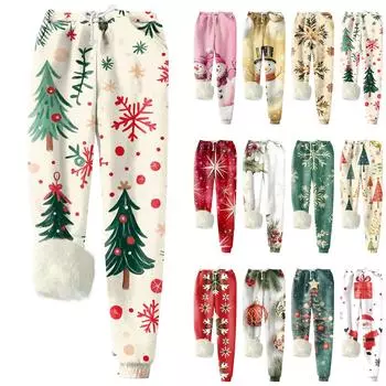 Женские модные рождественские спортивные свободные утолщенные теплые флисовые брюки с принтом L бежевый