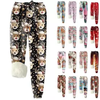Женские модные рождественские спортивные свободные утолщенные теплые флисовые брюки с принтом M