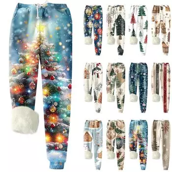 Женские модные рождественские спортивные свободные утолщенные теплые флисовые брюки с принтом L бежевый