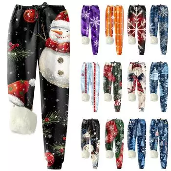Женские модные рождественские спортивные свободные утолщенные теплые флисовые брюки с принтом XXL бежевый