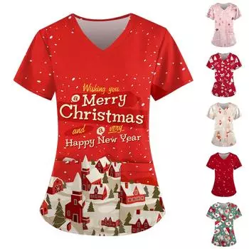 Женские модные рождественские топы с короткими рукавами и V-образным вырезом с карманами и рабочими футболками XXL винный
