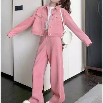 Женские модные розовые джинсовые повседневные комплекты из двух предметов: пальто и широкие брюки S розовый