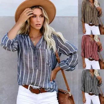 Женские модные рубашки на пуговицах с длинными рукавами, полосатые топы с короткими рукавами, повседневные свободные летние футболки S синий