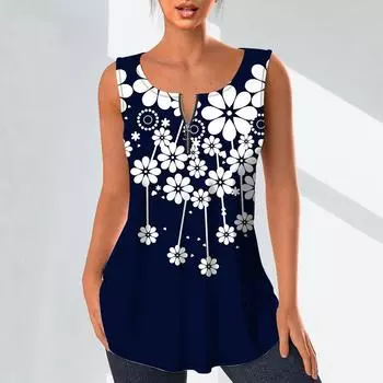 Женские модные рубашки с v-образным вырезом, повседневные топы, футболка, женский жилет с 3D белыми цветами и принтом, блузка без рукавов больших размеров, топы на бретелях XS синий