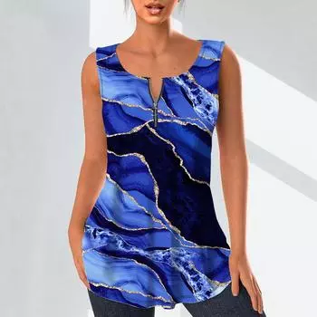 Женские модные рубашки с v-образным вырезом, повседневные топы, футболка, женский жилет с 3D мраморным принтом, блузка без рукавов больших размеров, топы на бретелях 7XL синий