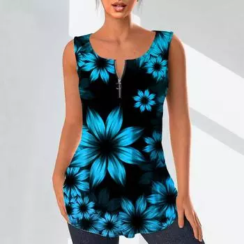 Женские модные рубашки с v-образным вырезом, повседневные топы, футболка, женский жилет с 3D красивым цветочным принтом, блузка без рукавов больших размеров, топы на бретелях XS синий