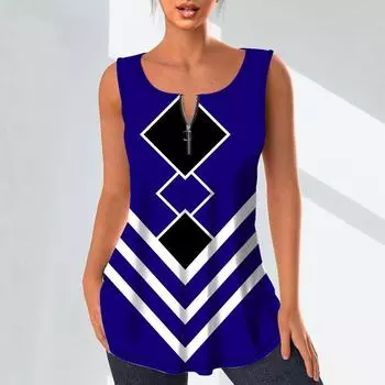 Женские модные рубашки с v-образным вырезом, повседневные топы, футболка, женский жилет с 3D квадратным узором и принтом, блузка без рукавов больших размеров, топы на бретелях 7XL синий
