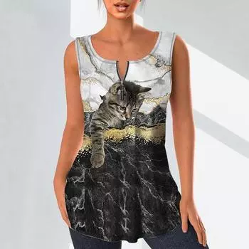 Женские модные рубашки с v-образным вырезом, повседневные топы, футболка, женский жилет с 3D принтом милого кота, блузка без рукавов больших размеров, топы на бретелях XS синий