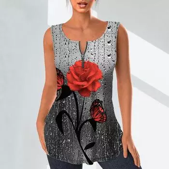 Женские модные рубашки с v-образным вырезом, повседневные топы, футболка, женский жилет с 3D принтом «Роза под дождем», блузка без рукавов больших размеров, топы на бретелях XS красный
