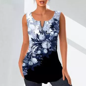 Женские модные рубашки с v-образным вырезом, повседневные топы, футболка, женский жилет с 3D красивым цветочным принтом, блузка без рукавов больших размеров, топы на бретелях XS синий