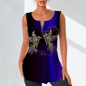 Женские модные рубашки с v-образным вырезом, повседневные топы, футболка, женский жилет с 3D принтом золотой птицы, блузка без рукавов больших размеров, топы на бретелях XS синий