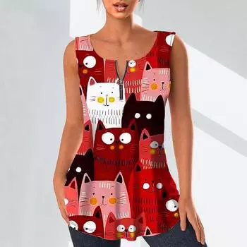 Женские модные рубашки с v-образным вырезом, повседневные топы, футболка, женский жилет с 3D принтом «многие кошки», блузка без рукавов больших размеров, топы на бретелях XS красный