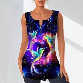 Женские модные рубашки с v-образным вырезом, повседневные топы, футболка, женский жилет с 3D красивым принтом птиц, блузка без рукавов больших размеров, топы на бретелях M красный