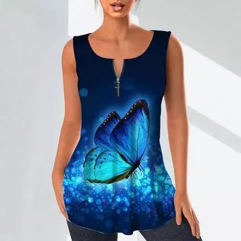 Женские модные рубашки с v-образным вырезом, повседневные топы, футболка, женский жилет с 3D синим принтом бабочки, блузка без рукавов больших размеров, топы на бретелях M красный