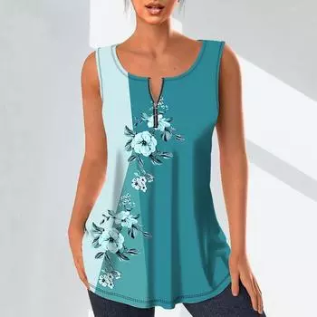 Женские модные рубашки с v-образным вырезом, повседневные топы, футболка, женский жилет с 3D синим цветочным принтом, блузка без рукавов больших размеров, топы на бретелях 7XL синий