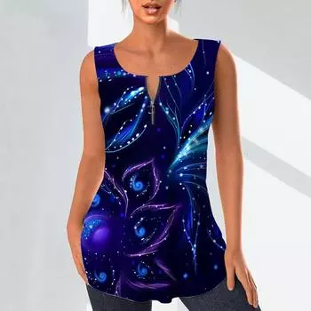Женские модные рубашки с v-образным вырезом, повседневные топы, футболка, женский жилет с 3D светящимся принтом перьев, блузка без рукавов больших размеров, топы на бретелях XS синий