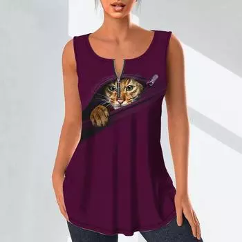 Женские модные рубашки с v-образным вырезом, повседневные топы, футболка, женский жилет с 3D котом под молнией и принтом, блузка без рукавов больших размеров, топы на бретелях M красный