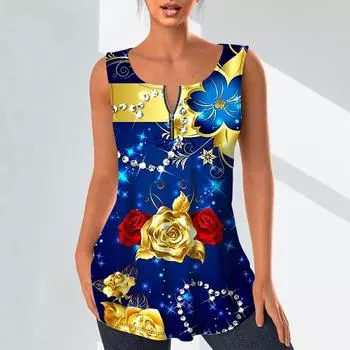 Женские модные рубашки с v-образным вырезом, повседневные топы, футболка, женский жилет с 3D великолепным цветочным принтом, блузка без рукавов больших размеров, топы на бретелях M красный